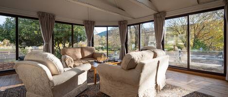 Smart TV, fireplace, video games, DVD player
