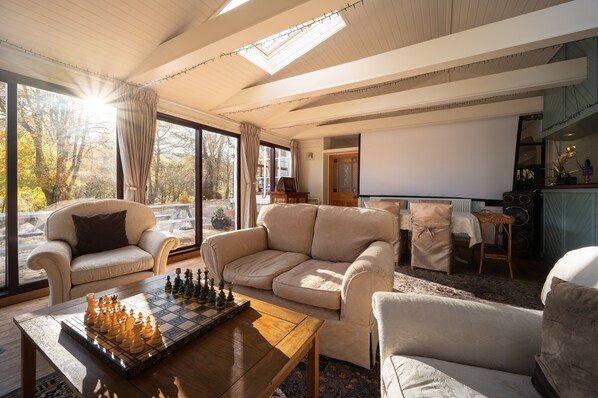 Smart TV, fireplace, video games, DVD player