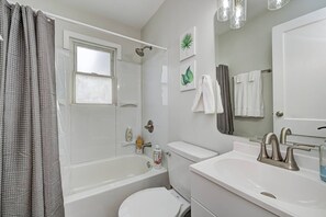 Hair dryer, towels, soap, toilet paper