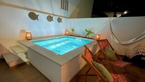 Un espace piscine aménagé sur le toit, comprenant une petite piscine, des chaises longues et des éléments décoratifs sur les murs.