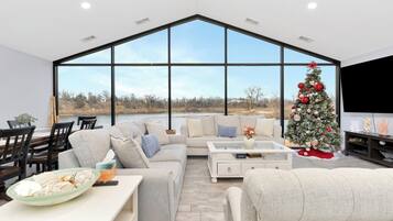 Smart TV, fireplace, table football, books