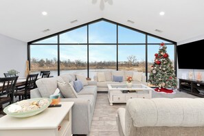 Smart TV, fireplace, foosball, books