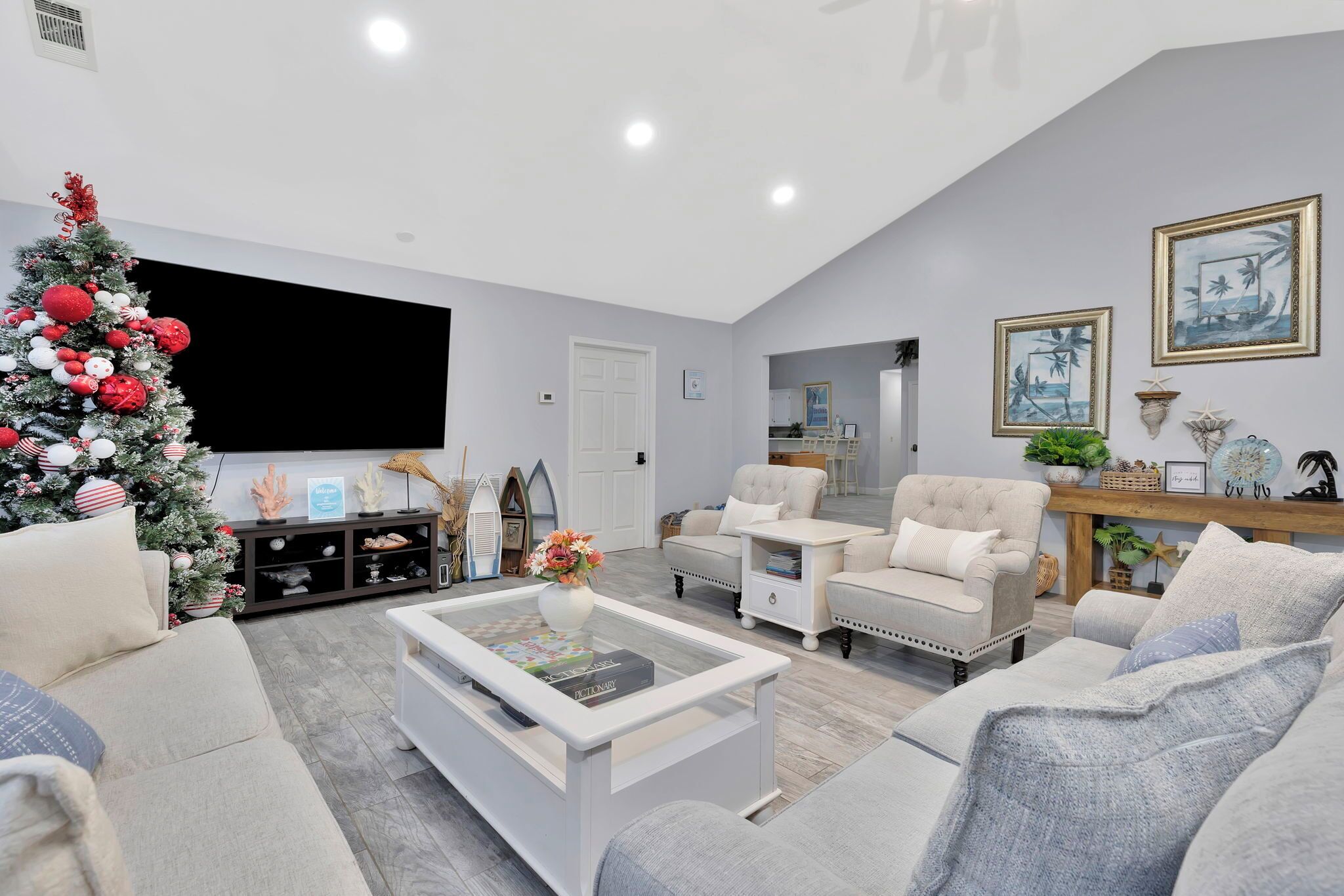 Smart TV, fireplace, table football, books