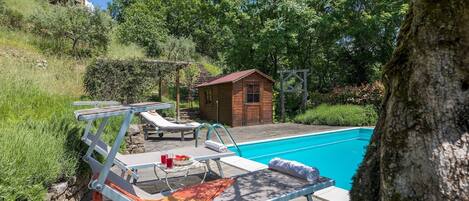 A swimming pool with lounge chairs and a small wooden shed in a lush, green outdoor setting.