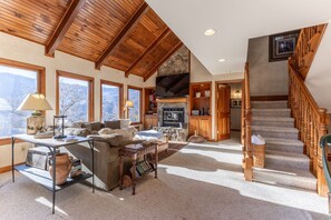 Smart TV, fireplace, books, computer monitors