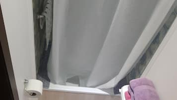 Kamar Double atau Twin Basic | Kamar mandi | Kombinasi shower/bathtub, handuk, sabun, dan tisu toilet