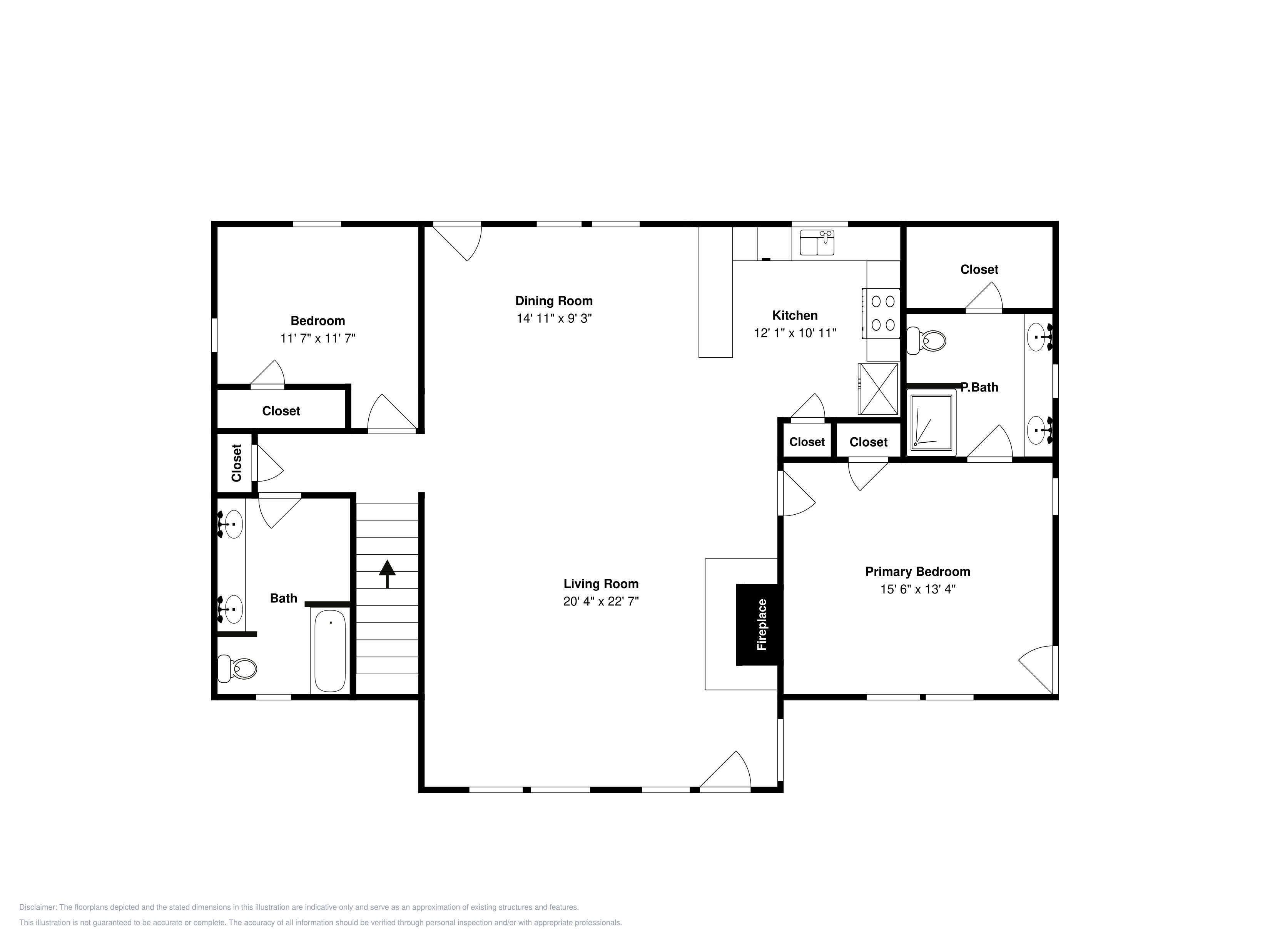 Grundriss eines Hauses mit Schlafzimmer, Esszimmer, Küche, Wohnzimmer und Badezimmer.