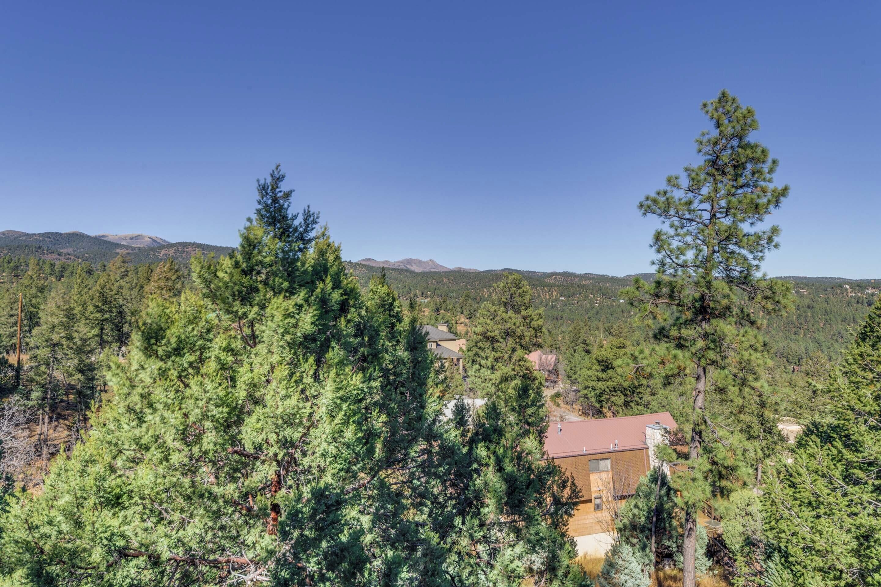 A residential area with a house surrounded by dense forest and mountains in the background.