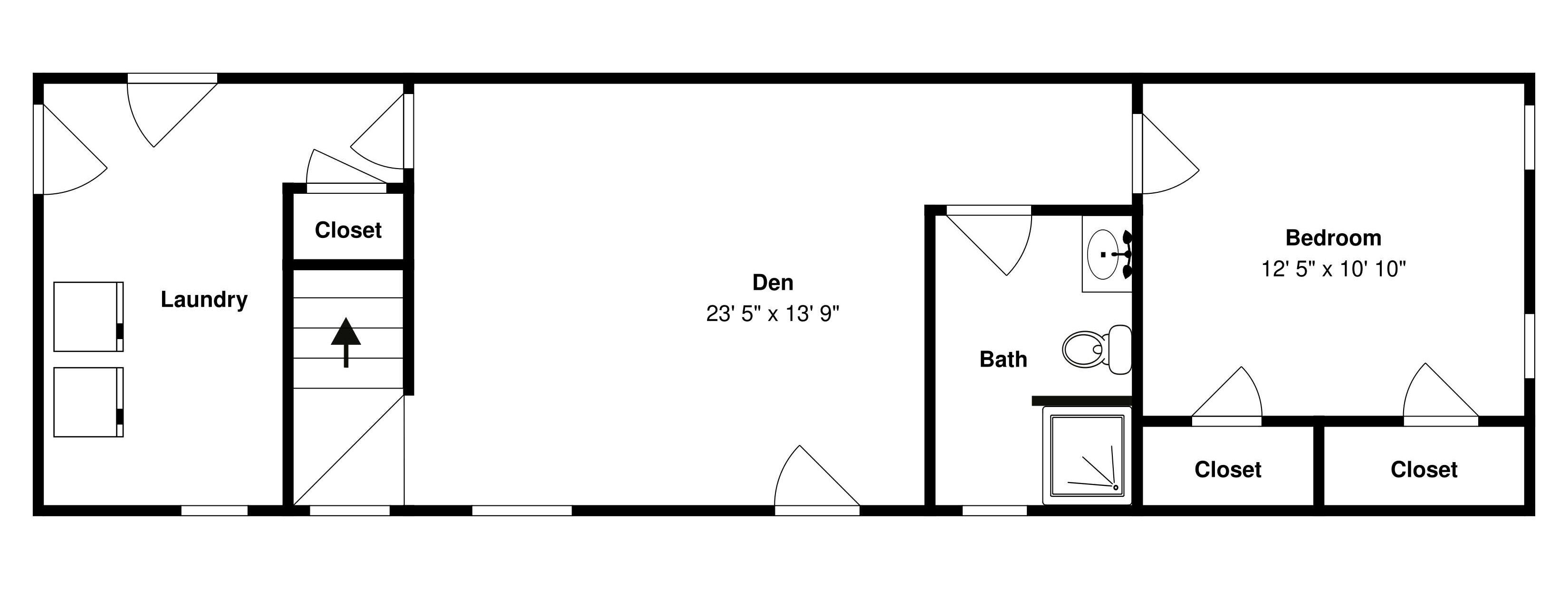 A floor plan with a closet, laundry, den, bathroom, and bedroom.