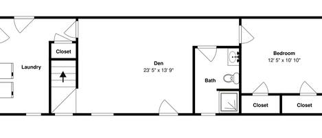 A floor plan with a closet, laundry, den, bathroom, and bedroom.