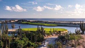 A desert landscape with a golf course, cacti, and a view of the ocean.