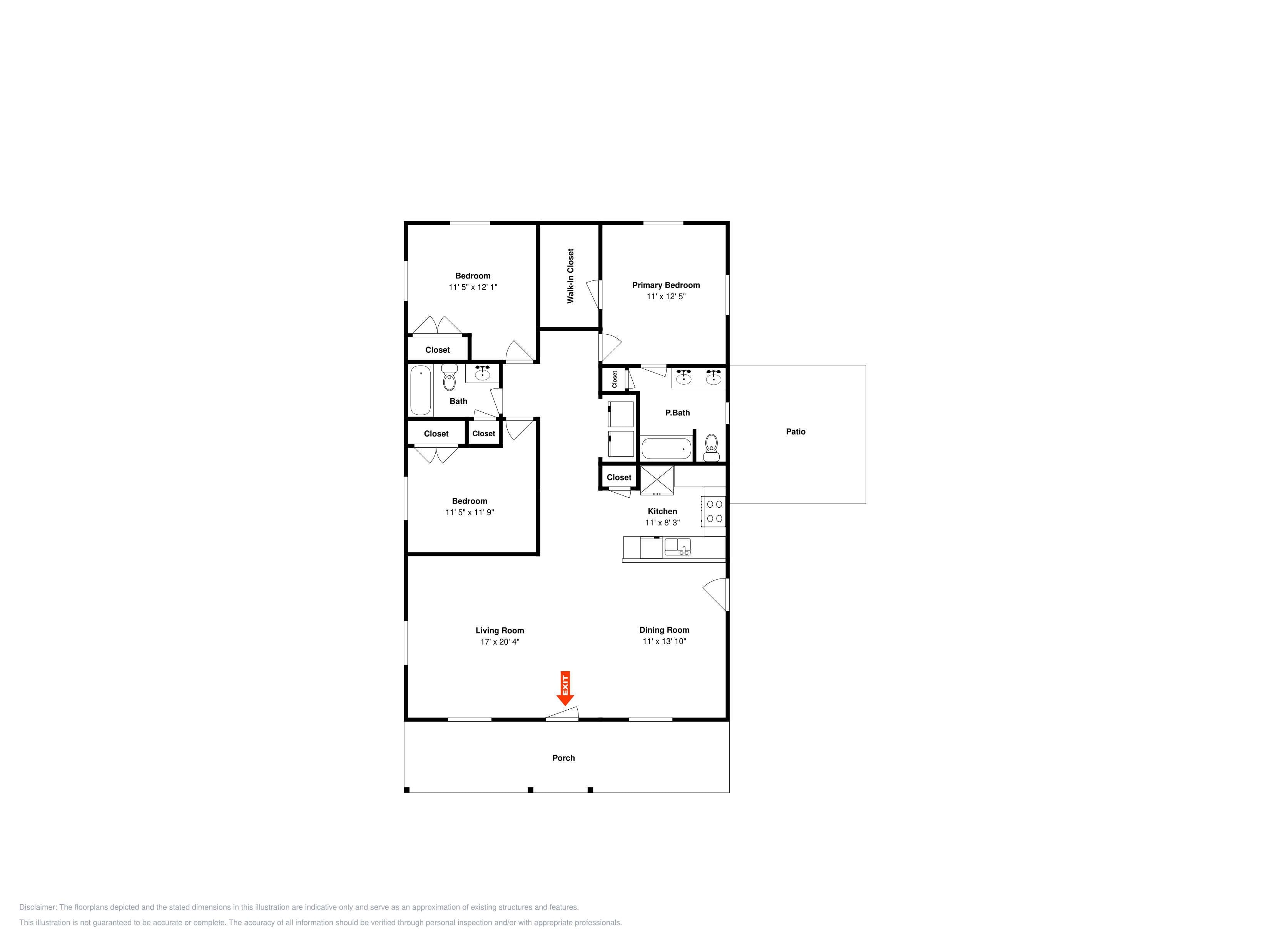 A floor plan with a bedroom, primary bedroom, bathroom, kitchen, dining room, living room, and patio.