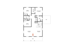 A floor plan with a bedroom, primary bedroom, bathroom, kitchen, dining room, living room, and patio. - Diving Dolphin by Silver Sands Vacation Rentals (Port Aransas)