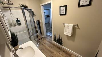 Shower, hair dryer, towels
