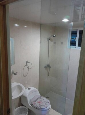 Regadera, toallas, jabón, shampoo 
