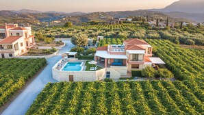 A modern villa with a swimming pool, surrounded by vineyards, and set against a hilly backdrop. - Cretan Vineyard Hill Villa 2 | Private pool, panoramic view, beautiful vineyard (Άνω Καλεσια)
