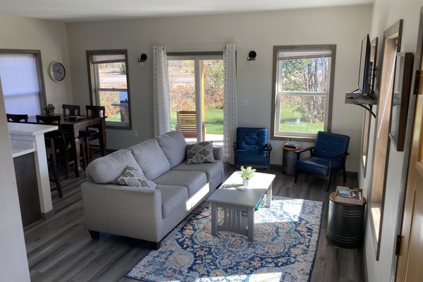 Lower level open concept with living area and dining space