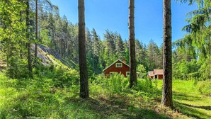 A cabin surrounded by tall trees and dense greenery. - Awesome home in Boxholm with WiFi (Boxholm)