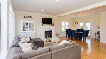 Smart TV, fireplace, books