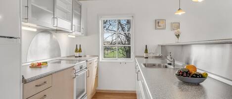 Fridge, stovetop, dishwasher, coffee/tea maker