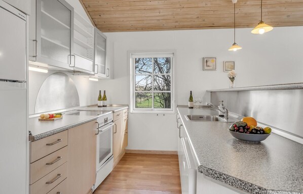 Fridge, stovetop, dishwasher, coffee/tea maker
