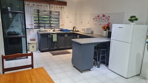 Fridge, microwave, stovetop, electric kettle