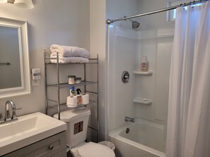 Hair dryer, towels, soap, shampoo