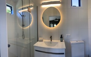 Shower, towels, soap, shampoo