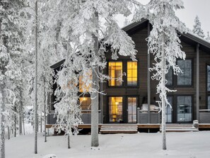 Une cabane en bois dotée de nombreuses fenêtres et d’un porche, entourée d’arbres couverts de neige.