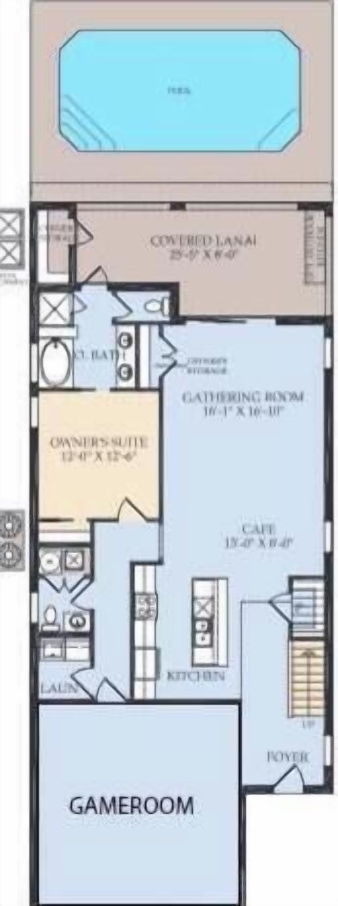 Grundriss mit überdachter Veranda, Suite, Aufenthaltsraum, Küche, Café und Spielzimmer.