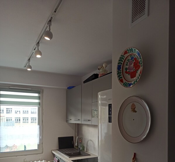 Fridge, dishwasher, coffee/tea maker, electric kettle