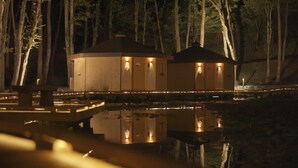 A cabin with a water feature in front, surrounded by tall trees.