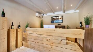 A reception desk with wooden panels, a mounted air conditioner, a television displaying a snowy landscape, and a potted plant.