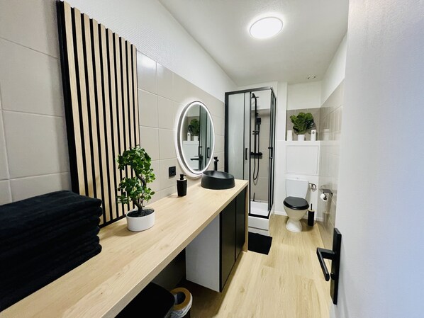 Shower, hair dryer, towels, toilet paper