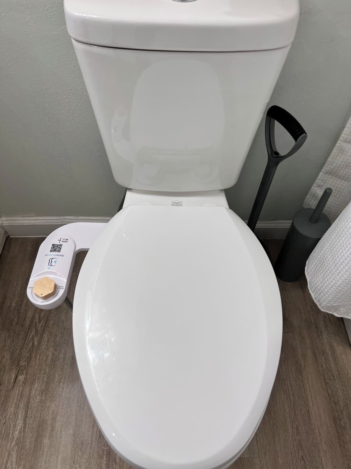 A white toilet with a bidet attachment and a toilet brush.