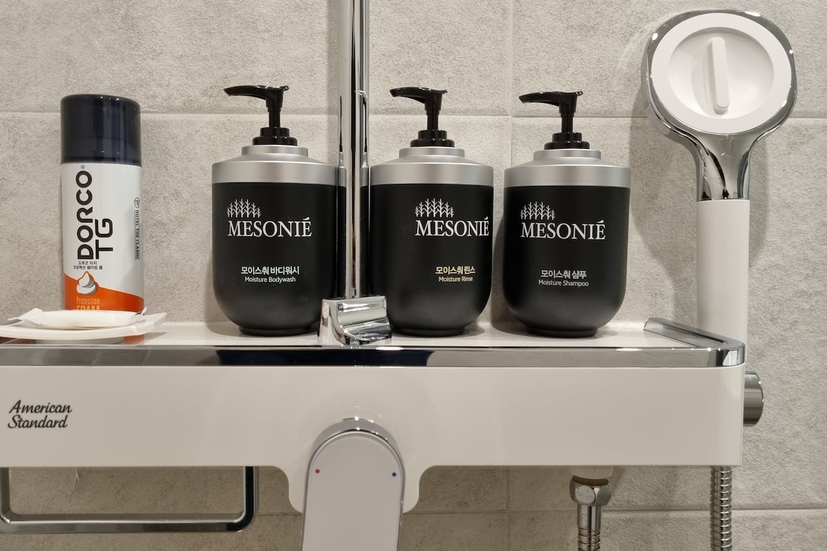 A bathroom shelf with toiletries including a toothbrush, a body wash, and a shampoo bottle.