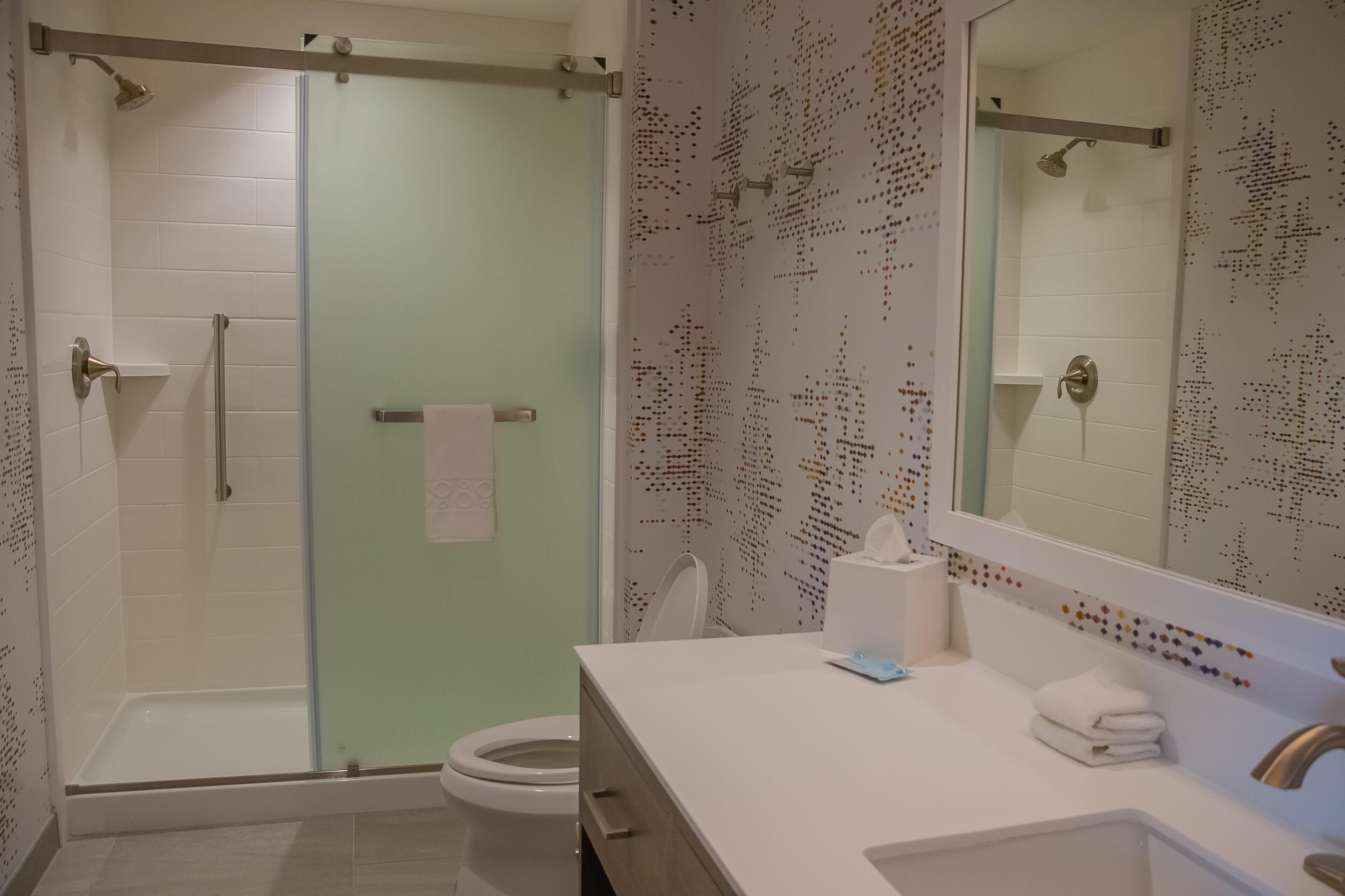 Un baño con ducha de vidrio, inodoro y lavamanos con espejo.
