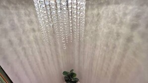 Una escalera en espiral de madera con una araña colgante.