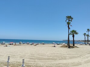 A beach with palm trees, umbrellas, and people.