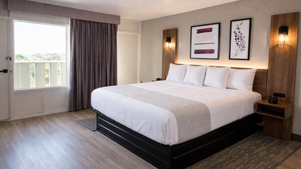 A modern hotel room with a large bed, a balcony view, and a wooden headboard.