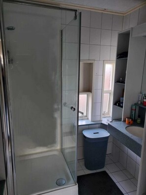 Shower, towels, toilet paper