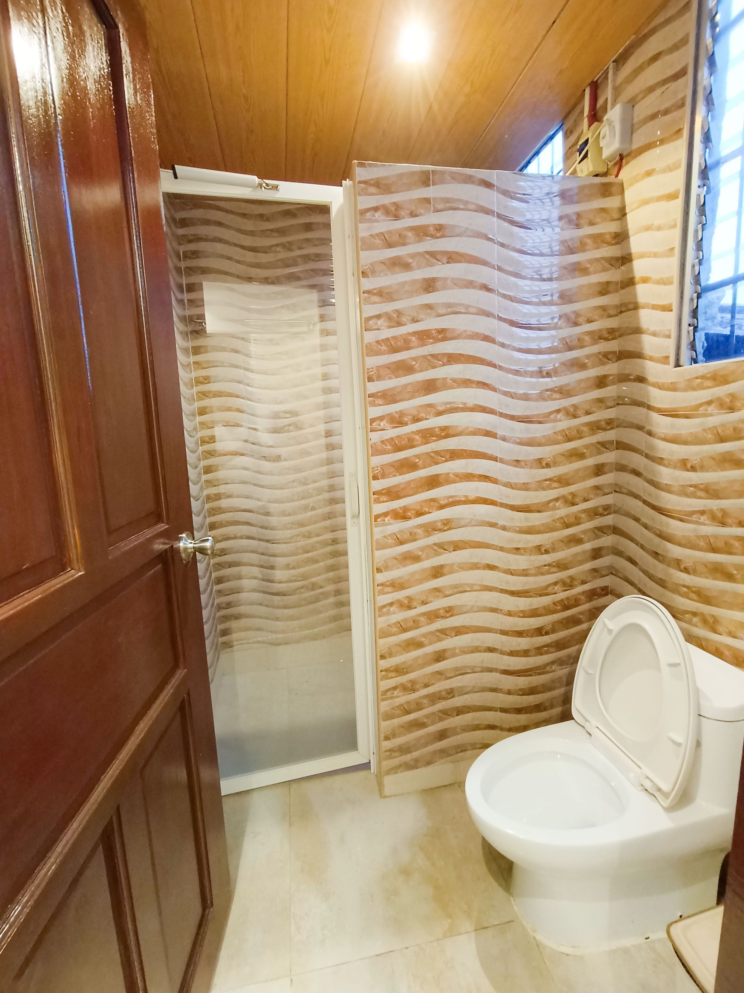 A bathroom with a wooden door, a shower enclosure, and a toilet.