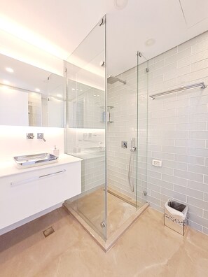 Shower, hair dryer, towels, soap