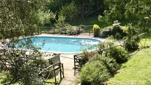 Ein von Grün umgebener Pool, mit einer Holzterrasse und einem Liegestuhl.