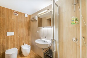 Shower, hair dryer, bidet, towels