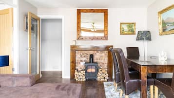 Smart TV, fireplace, video games, DVD player