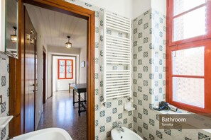 Shower, hair dryer, bidet, towels