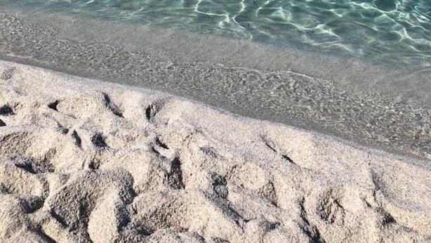 Ein Strand mit klarem türkisblauem Wasser und einem sandigen Ufer.