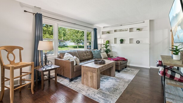 A living room with a sofa, coffee table, and a chair. There is a window with curtains, a lamp, and a shelf with plants. - Affordable & Spacious home near Minneapolis (Minneapolis)