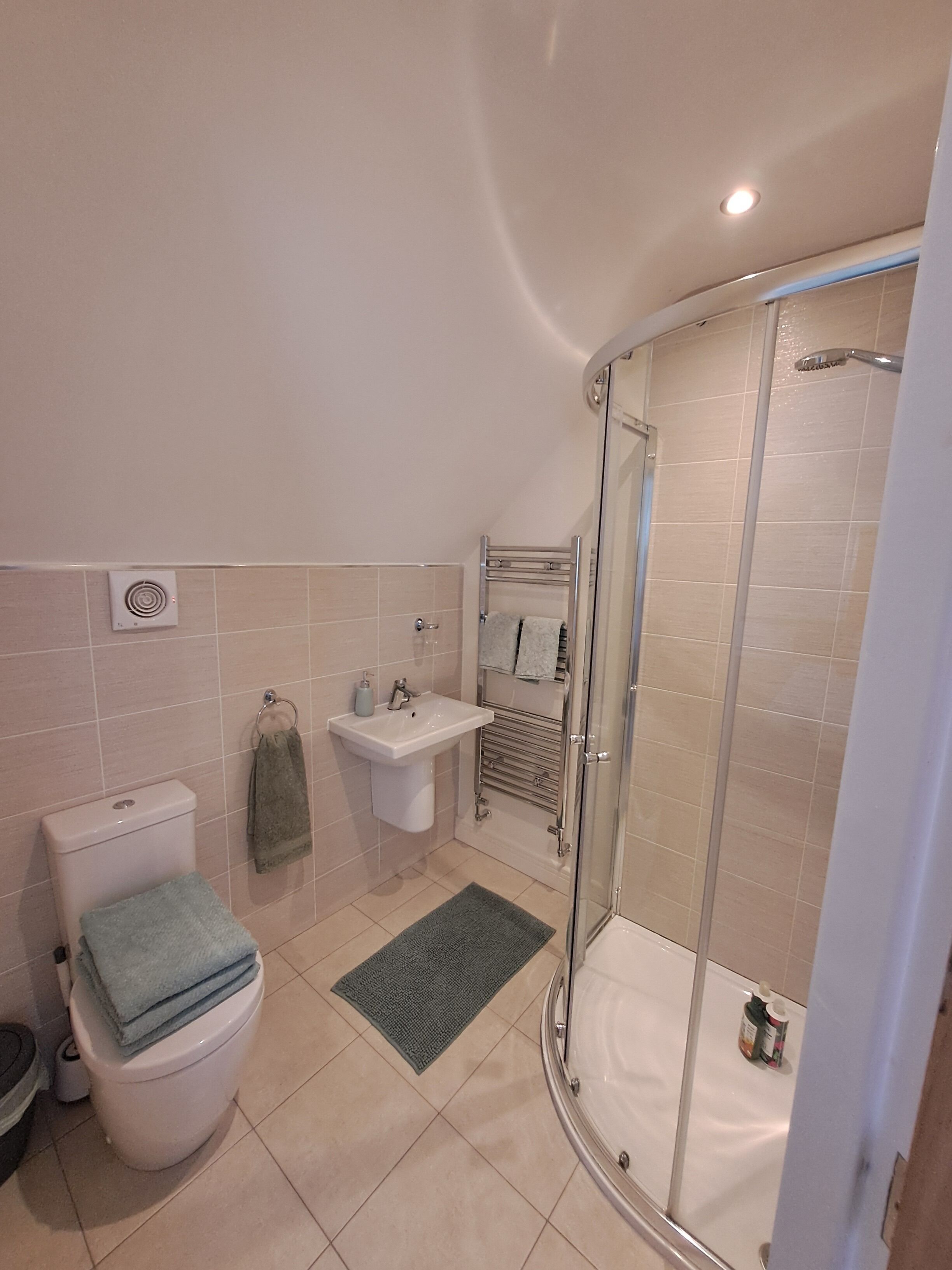 Dusche, Haartrockner, Handtücher, Seife